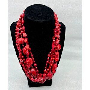 Vtg. Red Coral Necklace-925 Clasp 5 Strand Multi Shape and Size